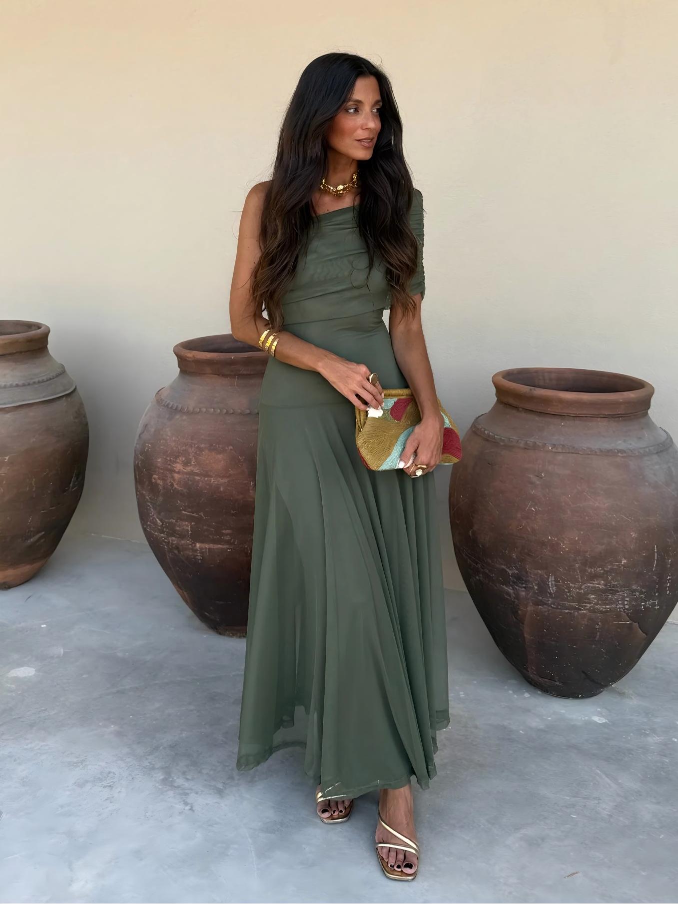 Toledo maxi-jurk met één schouder en mesh