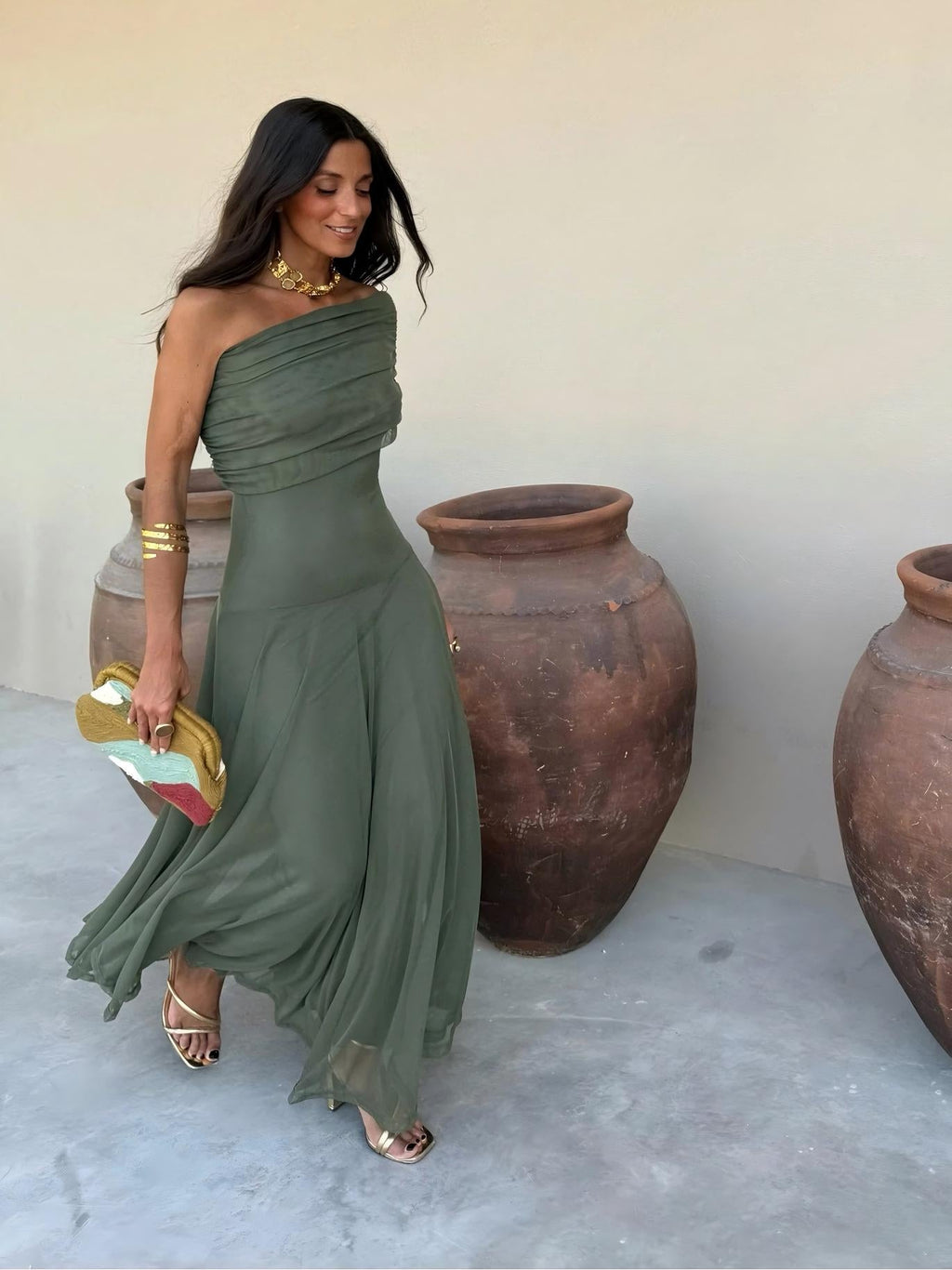 Toledo maxi-jurk met één schouder en mesh