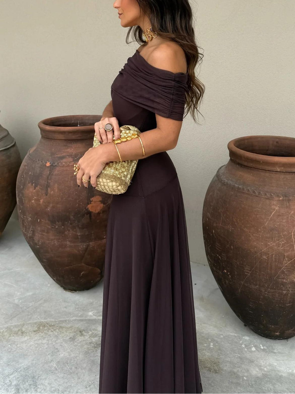 Toledo maxi-jurk met één schouder en mesh