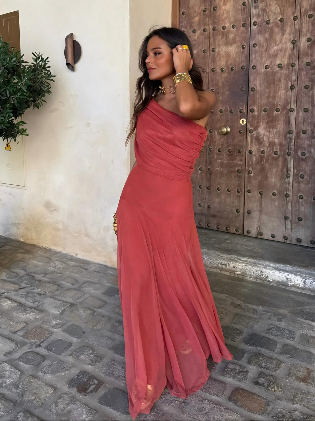 Toledo maxi-jurk met één schouder en mesh