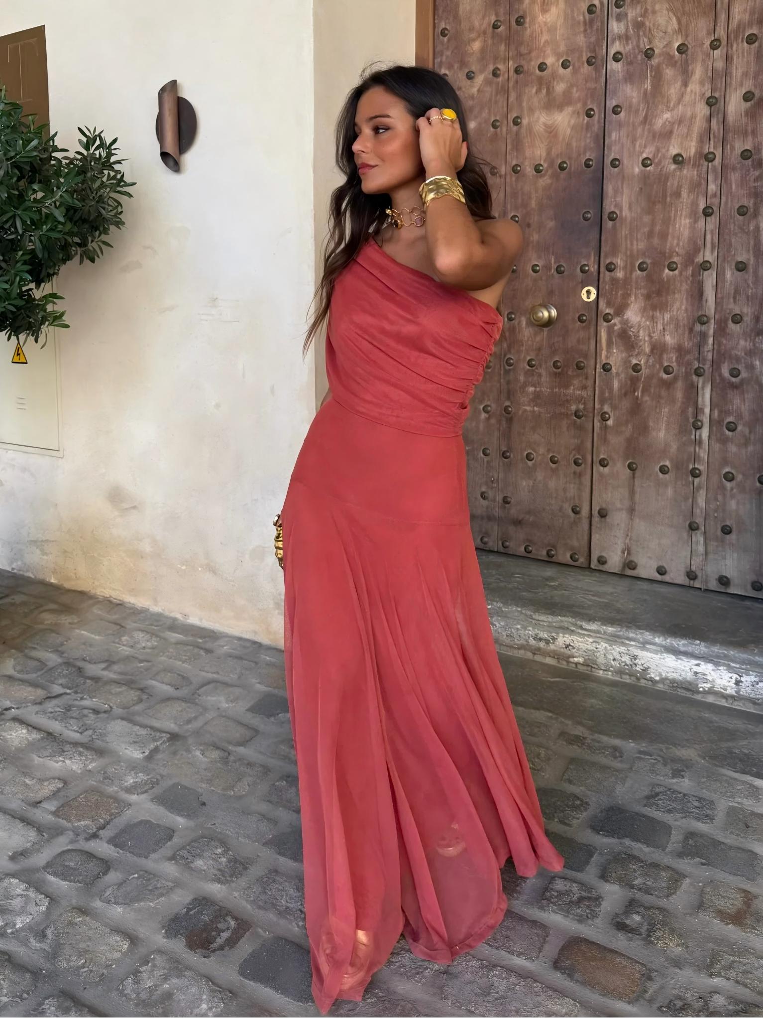 Toledo maxi-jurk met één schouder en mesh