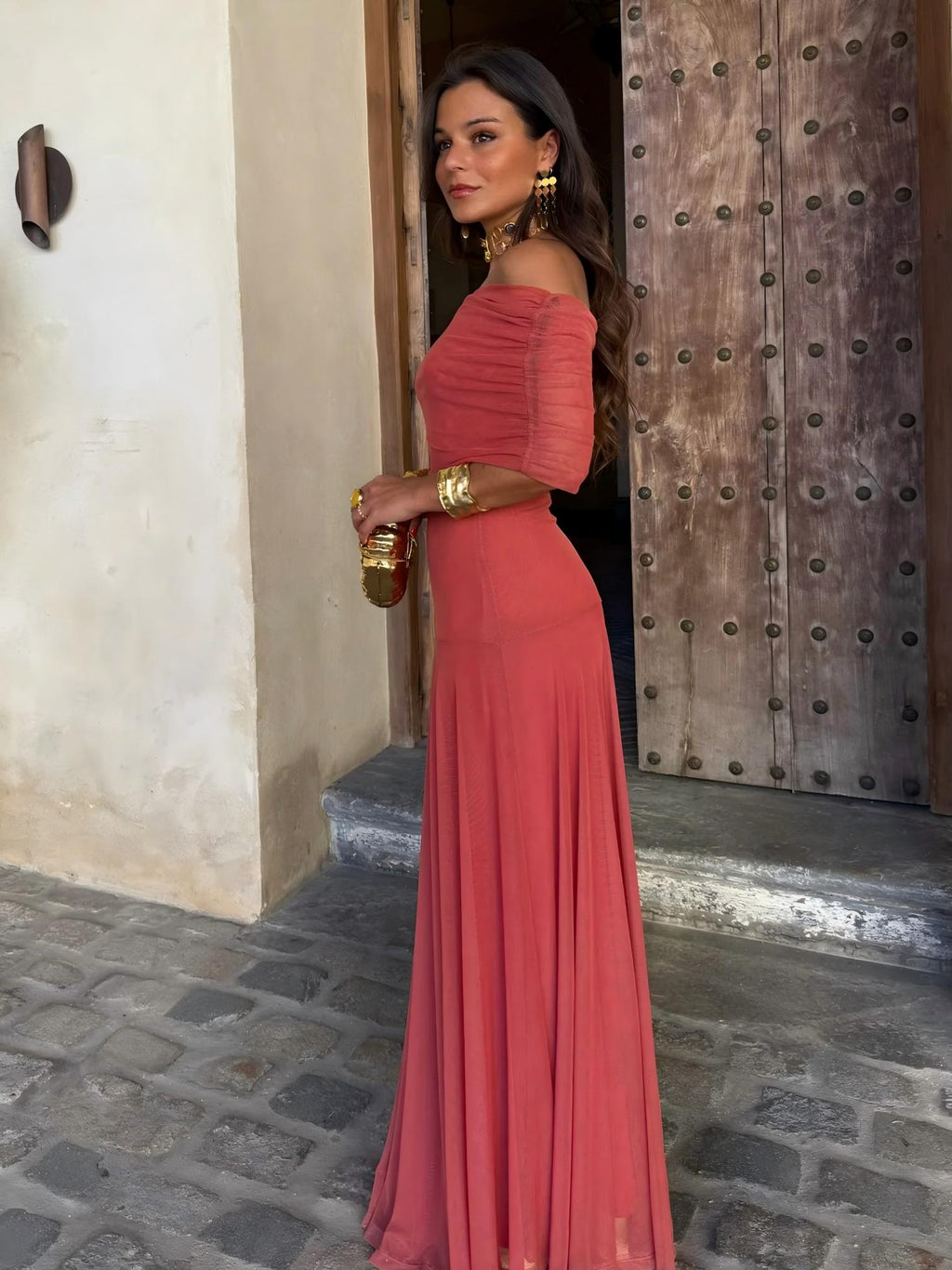 Toledo maxi-jurk met één schouder en mesh