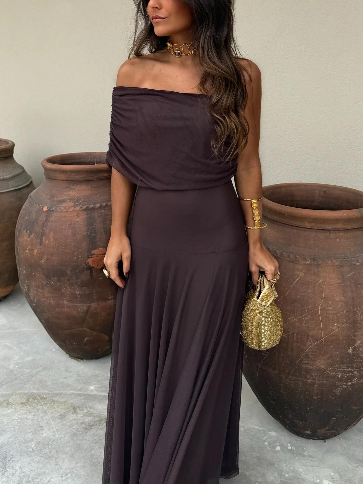 Toledo maxi-jurk met één schouder en mesh