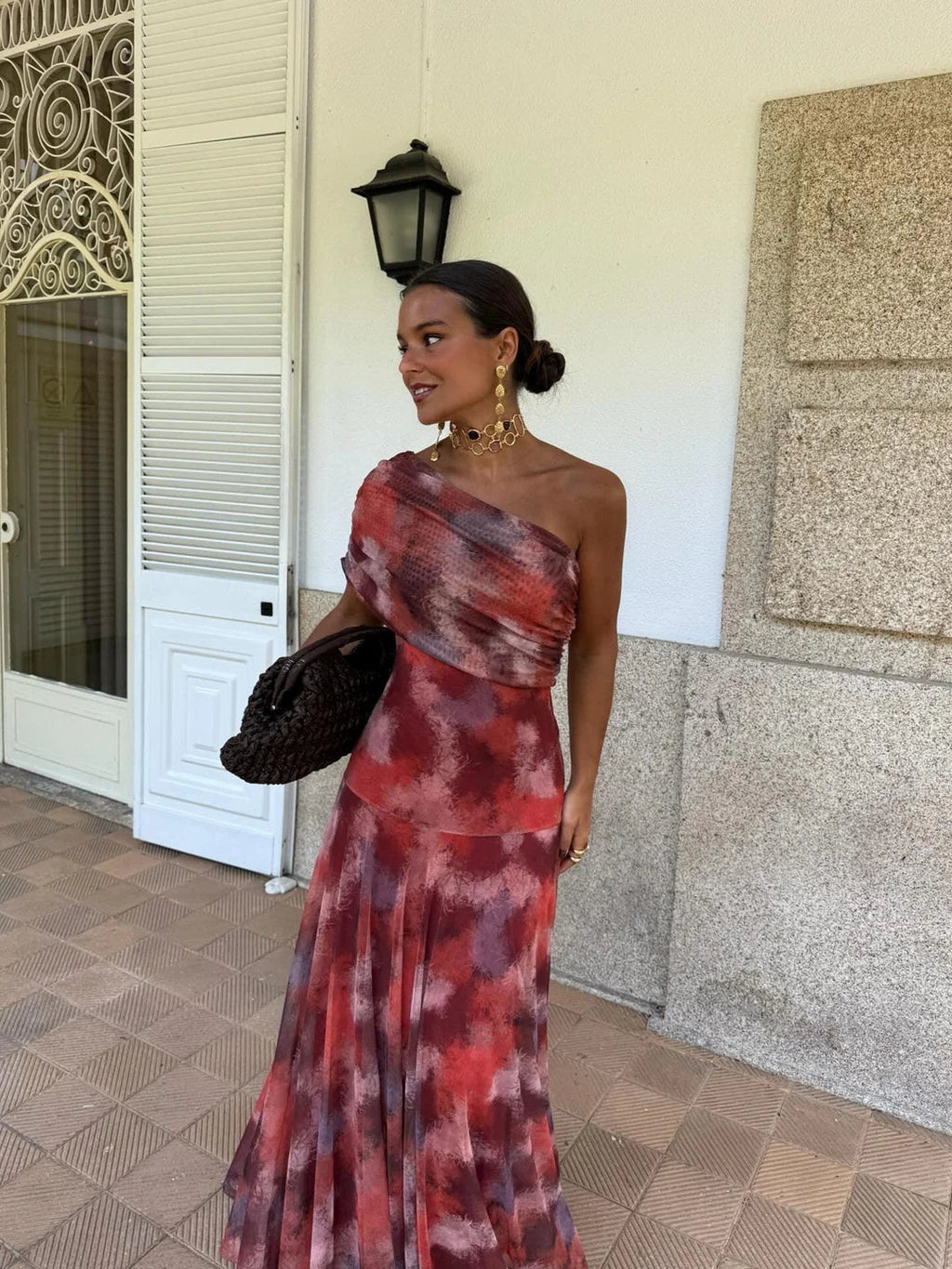 Toledo maxi-jurk met één schouder en mesh