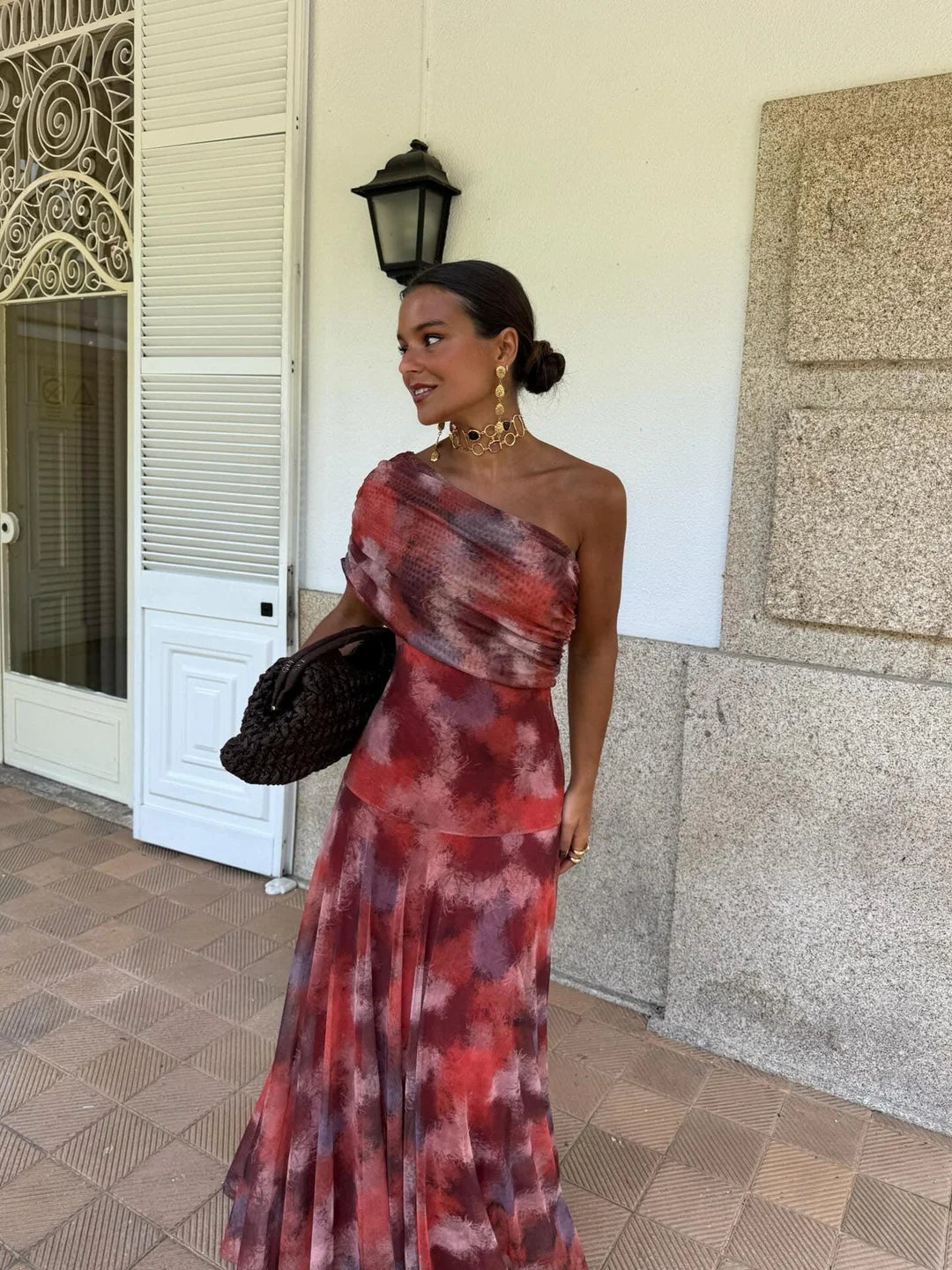Toledo maxi-jurk met één schouder en mesh
