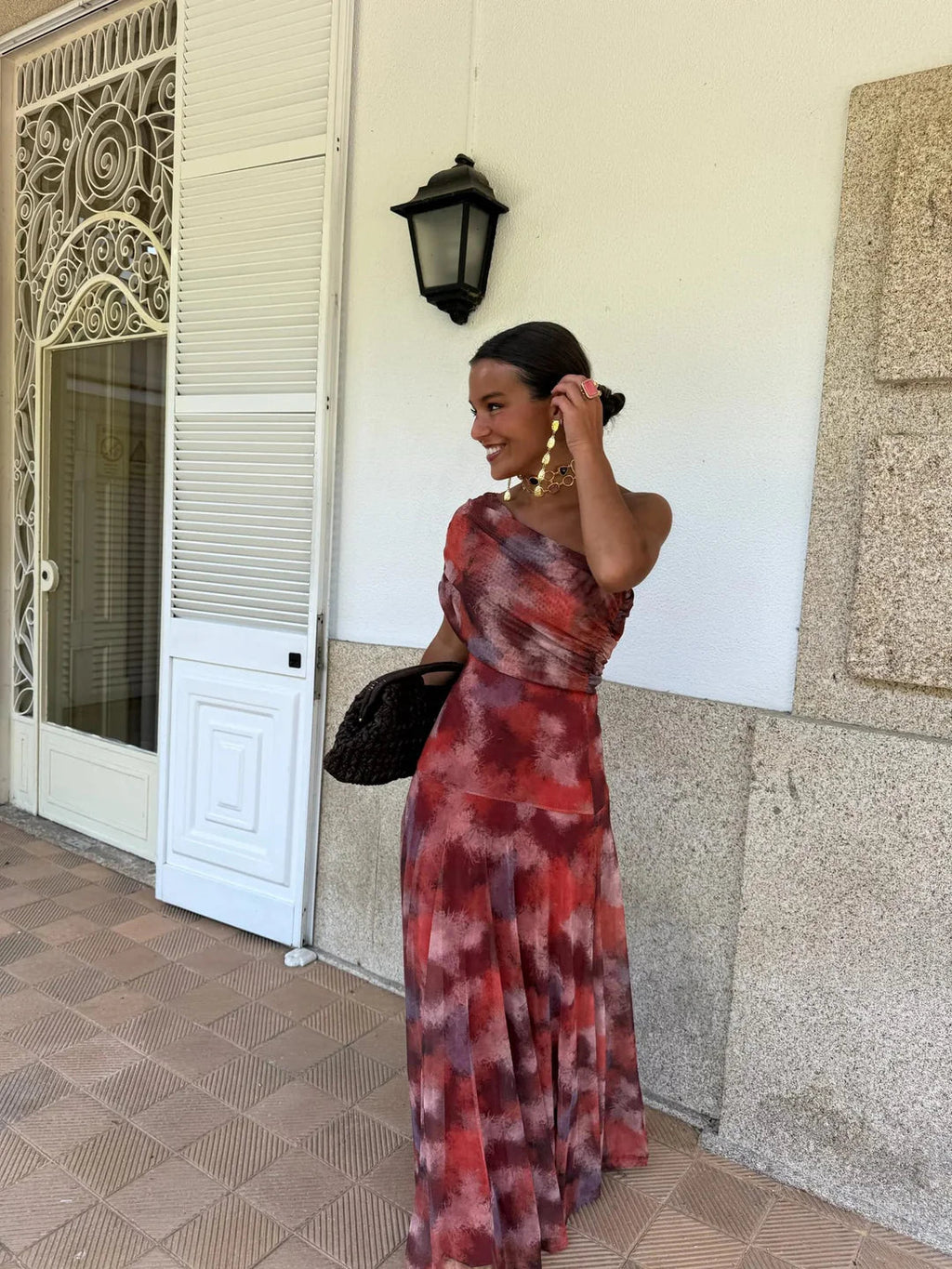 Toledo maxi-jurk met één schouder en mesh